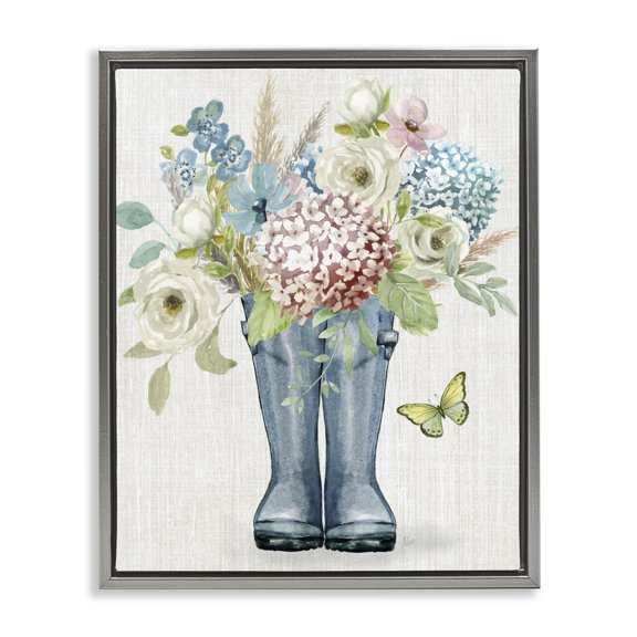 Stupell Industries Cottage Rain Boots Bouquet Gray Floating Frame Canvas Art, 25 x 31, by Nan