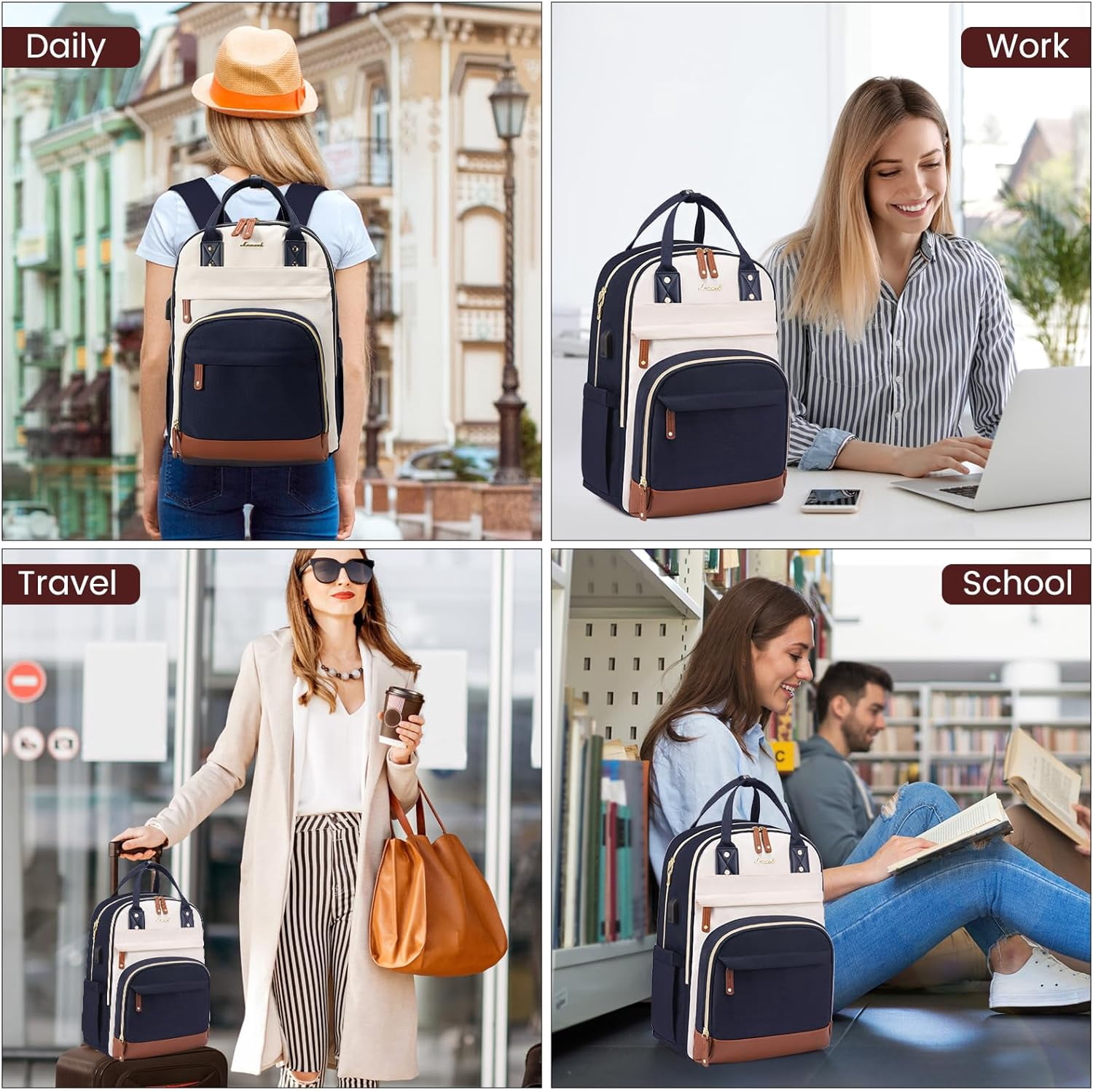 Lovevook Women's USB Charging Port Nylon 15.6" Laptop Backpack, Navy-Beige