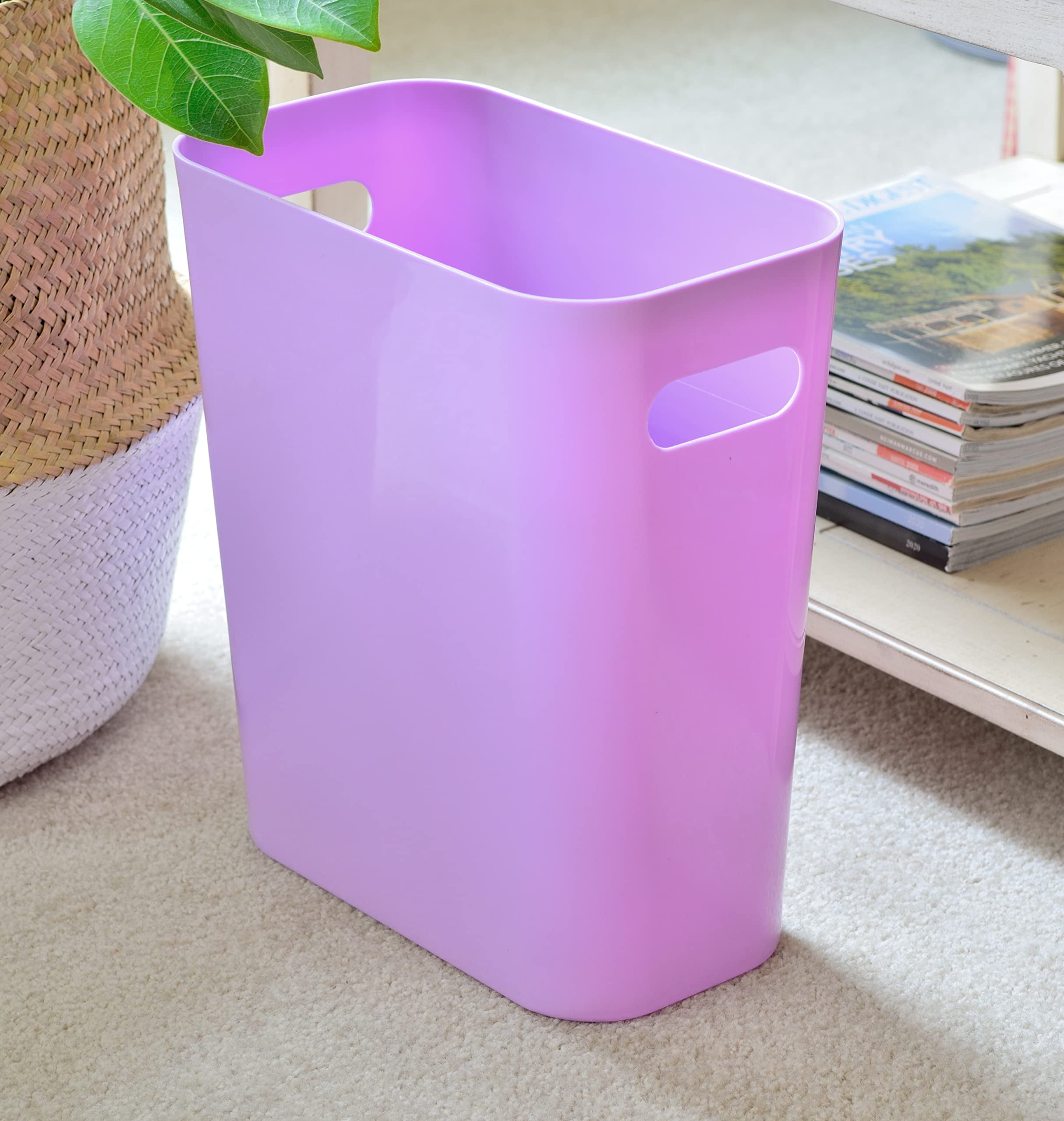 Youngever 2 Pack 3 Gallon Slim Trash Can, Plastic Garbage Container Bin, Trash Bin with Handles for Home Office, Living Room, Study Room, Kitchen, Bathroom (Purple)