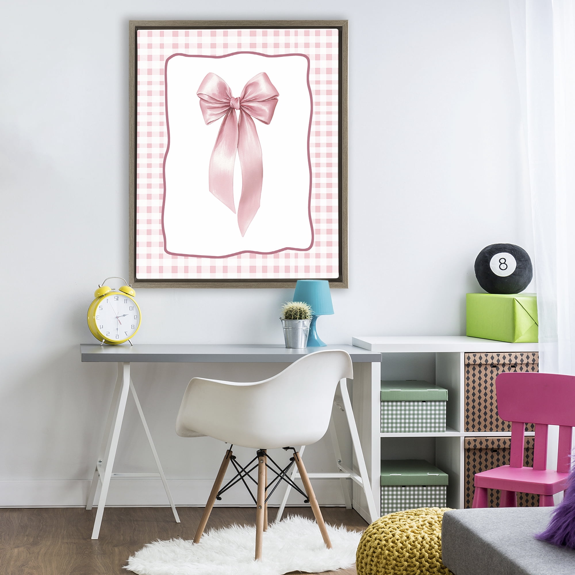 Stupell Industries Pink Gingham Ribbon Brown Framed Floater Canvas Wall Art, design by Christine Simpson Art