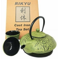 Japanese Evergreen Bamboo Forest Yellowish Green Heavy Cast Iron Tea Pot Set With Trivet and Cups Set Serves 2 Packaged in Teapot Gift Box Excellent Home Decor Asian Living Gift Housewarming