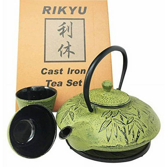 Japanese Evergreen Bamboo Forest Yellowish Green Heavy Cast Iron Tea Pot Set With Trivet and Cups Set Serves 2 Packaged in Teapot Gift Box Excellent Home Decor Asian Living Gift Housewarming