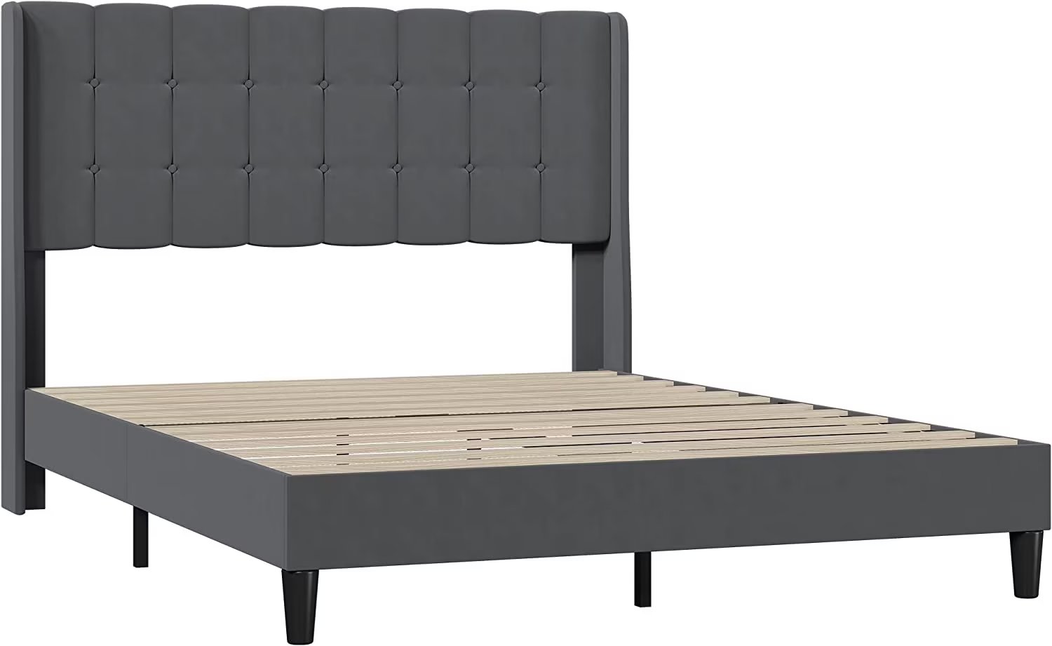 Simzone Queen Upholstered Bed Frame with Tufted Headboard and Wingback