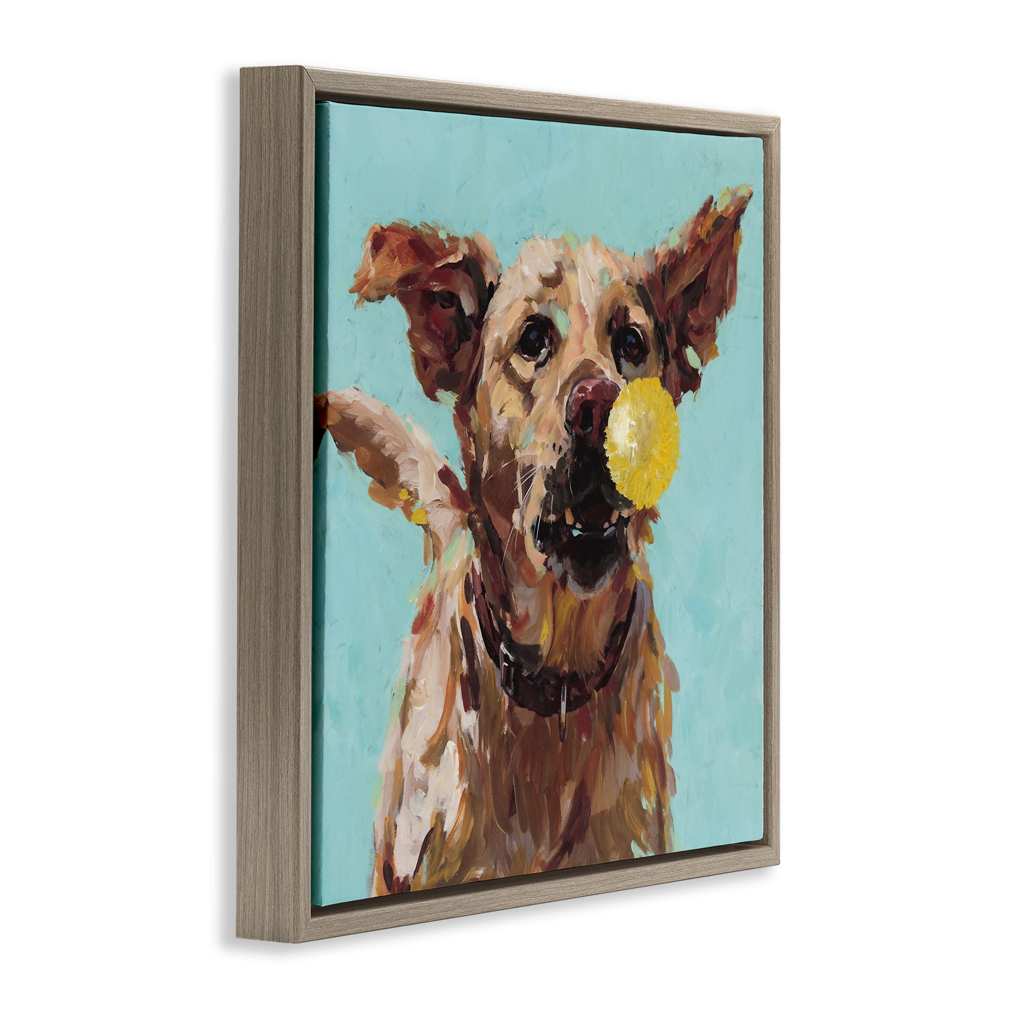 Dog Playing with Ball Brown Framed Floater Canvas Wall Art, design by Studio Bautista