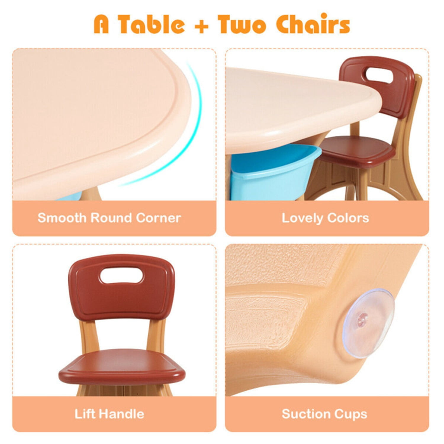 Brown Kids Table and 2 Chairs Set with 4 Storage Boxes, Toddler Activity Table for Drawing Playing Eating, Children Furniture for Indoor Outdoor