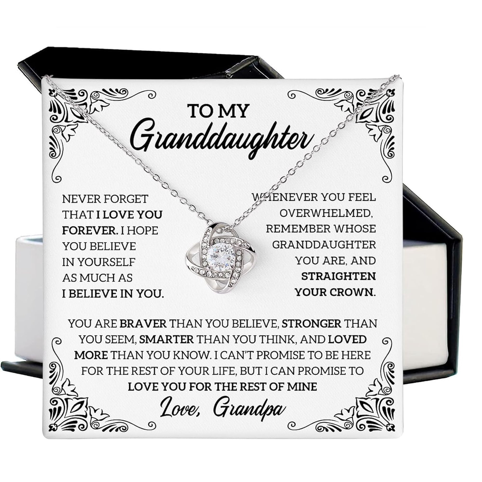 Granddaughter From Grandma Grandpa - To My Granddaughter Necklace With Heartfelt Message & Elegant Box, Jewelry Birthday, Graduation, Valentines, Mothers Day, & More #570, White Love Knot Necklace