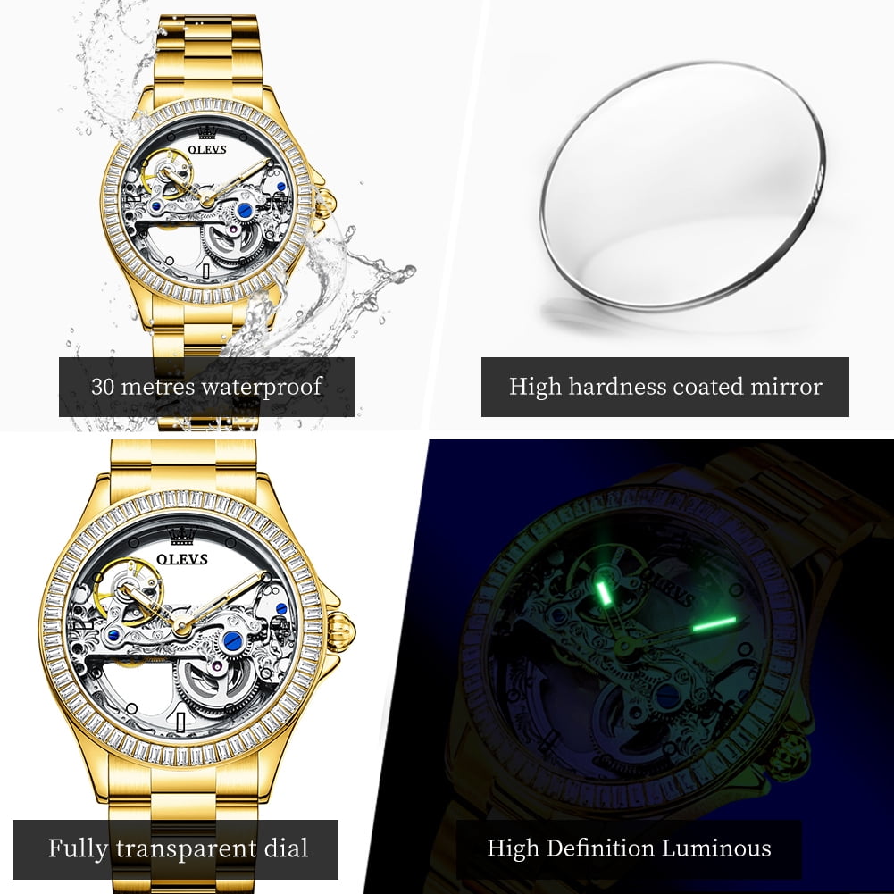 OLEVS Automatic Watches for Womens Mechanical Skeleton Self Winding Stainless Steel Luxury Dress Waterproof Luminous Ladies Watches Womens Wrist Watches Gift Reloj Para Mujer