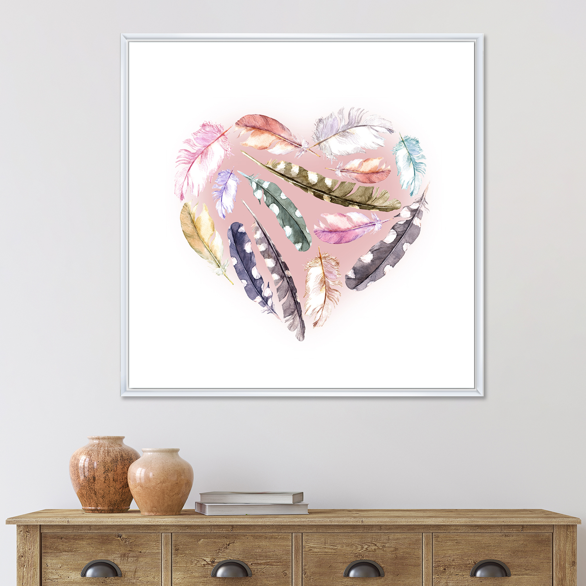Designart 'Ethnic Feather In Heart Shape' Bohemian & Eclectic Framed Canvas Wall Art Print