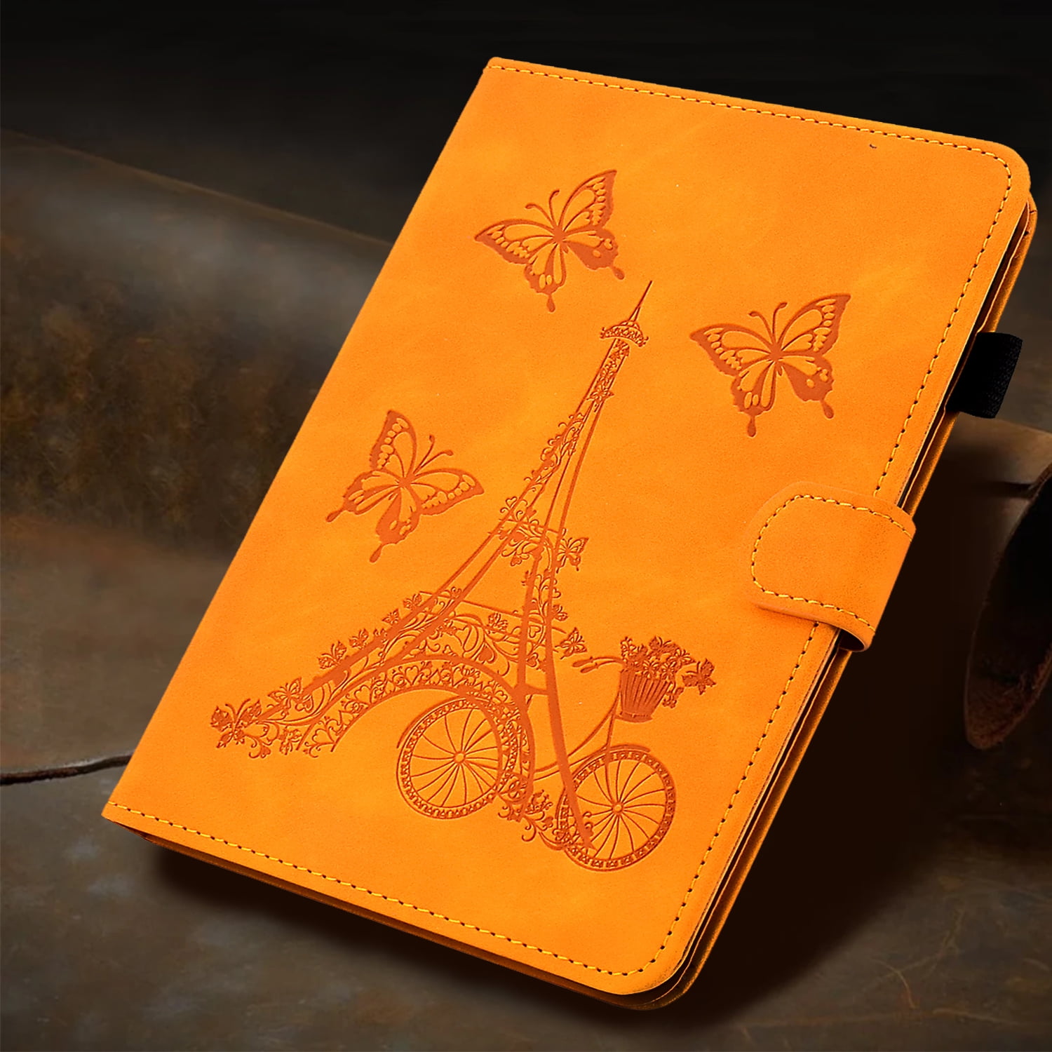 Allytechgroup iPad Pro 11 2024 M4 Case Cover, Eiffel Tower Butterfly Embossed Stylish Bumper Auto Sleep Wake Protective Kickstand Slim Fit Pencil Holder Case for Apple iPad 11 Inch Pro 2024, Khaki