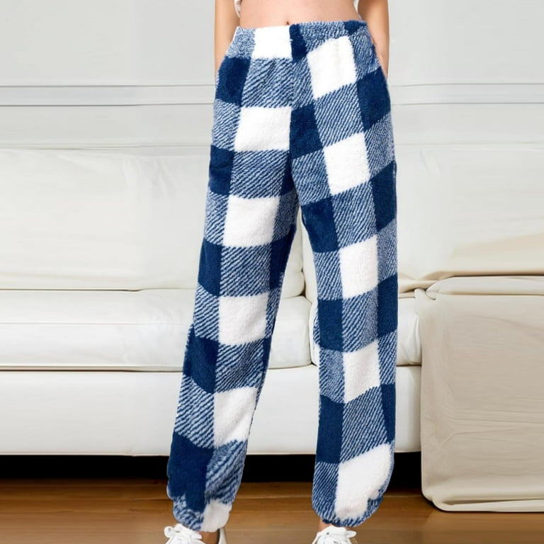 Jsaierl Women's Fuzzy Pajama Pants Buffalo Plaid Soft Warm Fleece
