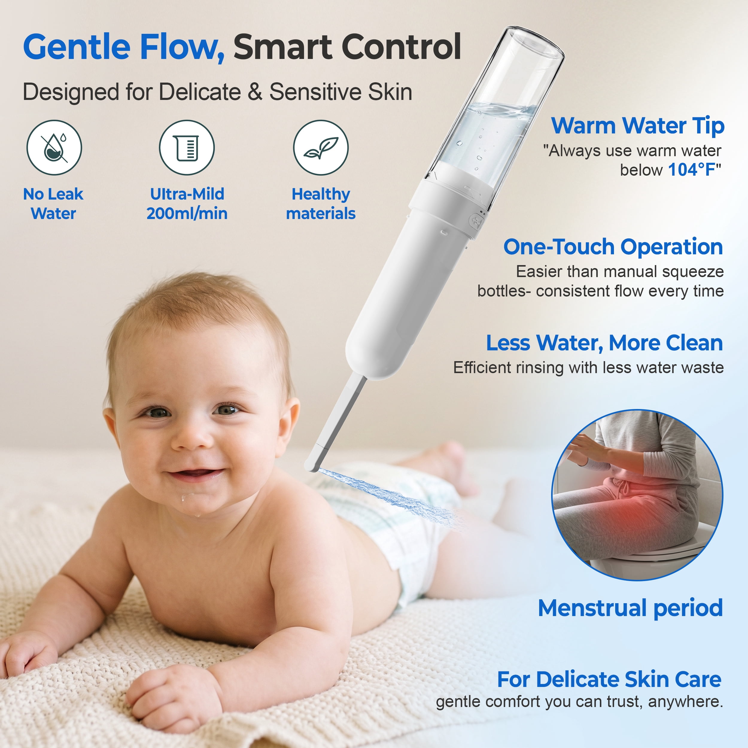 WeWi HLTH Electric Travel Bidet for Ultimate Personal Hygiene Cleaning at Home and Camping, Rechargeable Porable Bidet Sprayer with 3 Pressure | Waterproof, White
