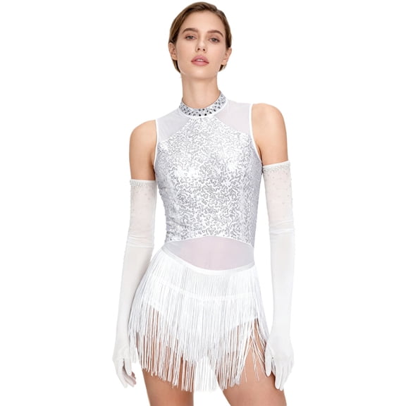 inlzdz Womens Sparkly Sequin Latin Dance Leotard Dress Tassels Fringe Bodysuit with Gloves Dancewear Set White L