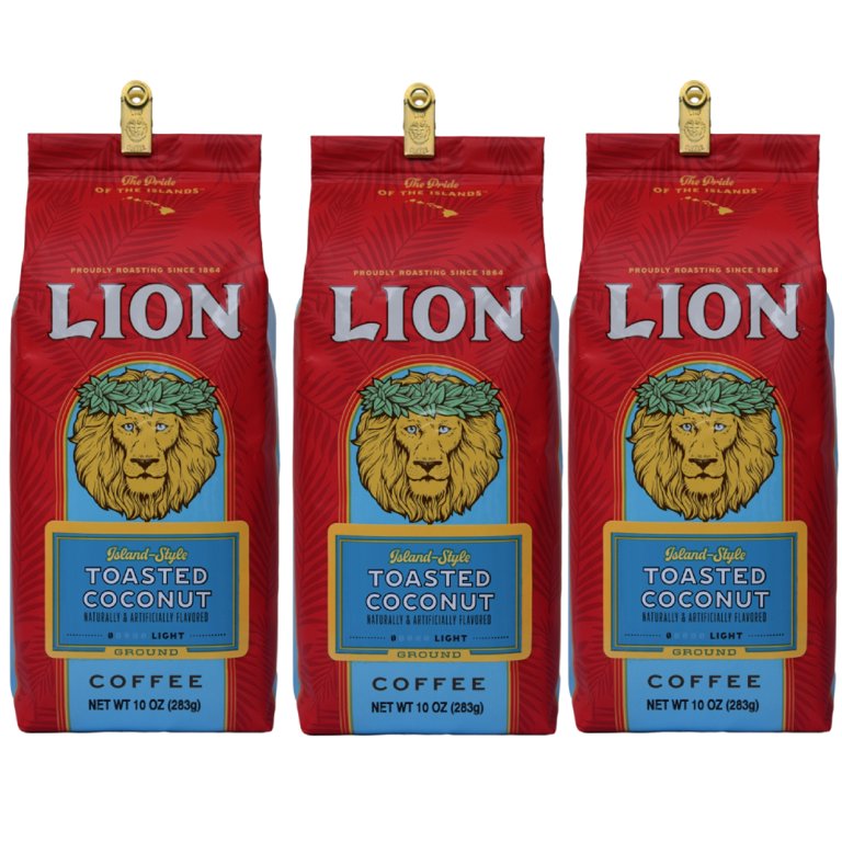 Lion Coffee, Toasted Coconut Flavor, Light Roast, Pre-Ground, 10