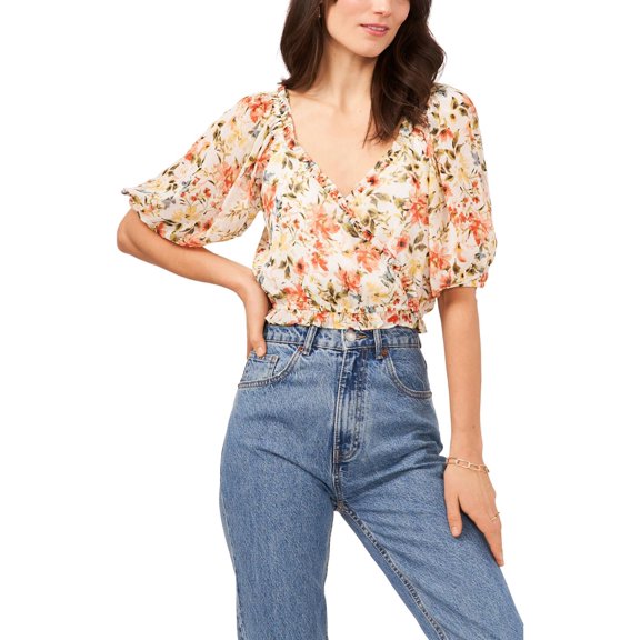 1.State Womens Floral Print Cross-Front Pullover Top