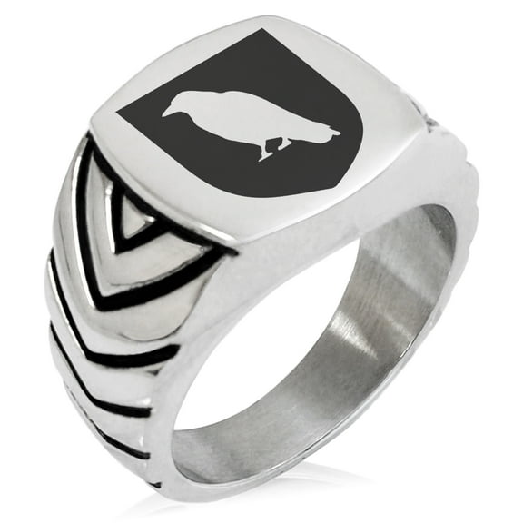 Stainless Steel Raven Bringer of Death Coat of Arms Shield Chevron Pattern Biker Style Polished Ring