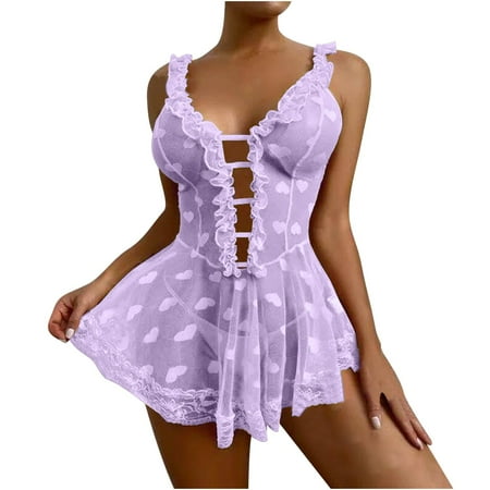 uublik Cute Lingerie Sets for Women Valentine s Day Sleepwear Chemise Dress Lace Nighty Nightgowns Purple S