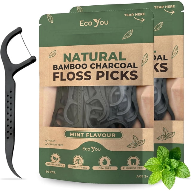 Hilo dental con palillo EcoYou Bamboo Charcoal Mint, 100 unidades