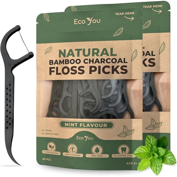 Hilo dental con palillo EcoYou Bamboo Charcoal Mint, 100 unidades