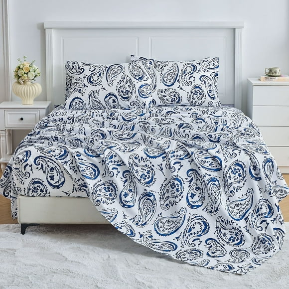 HITIME Juego de Sábanas Tamaño Matrimonial 4 Piezas Incluye 1 Sábana Plana, 1 Ajustable & 2 Funda de Almohada, Suave Microfibra de Poliéster, Diseño Estampado Moderno Fresco y Transpirable