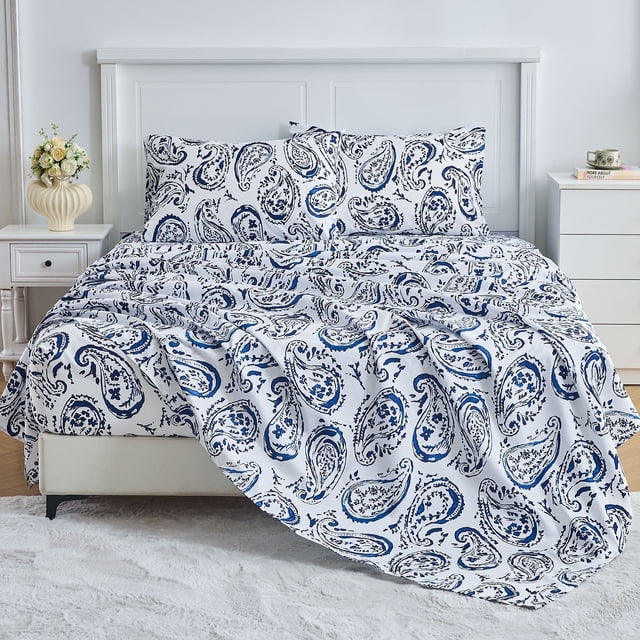 HITIME Juego de Sábanas Tamaño Matrimonial 4 Piezas Incluye 1 Sábana Plana, 1 Ajustable & 2 Funda de Almohada, Suave Microfibra de Poliéster, Diseño Estampado Moderno Fresco y Transpirable