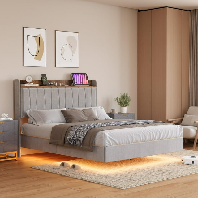 Modern Floating Platform Bed Frame with LED Lights & Charging Ports – Upholstered Storage Headboard – Sturdy Wood Slats – Easy Assembly – No Box Spring Needed – Queen Size