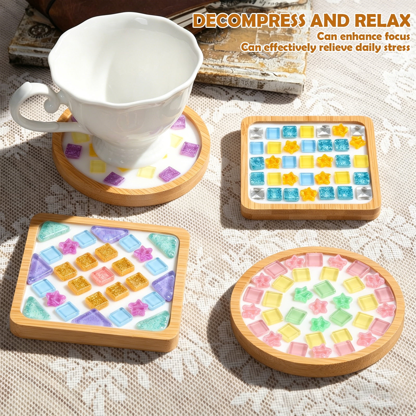 Austok 4 Pcs DIY Mosaic Kit for Adult Glass Tile for Craft with Bamboo Cup Pad for Women Mixed Color Mosaic Art Craft Cup Mat Project Handmade Making Kit Set for Home Decor Present