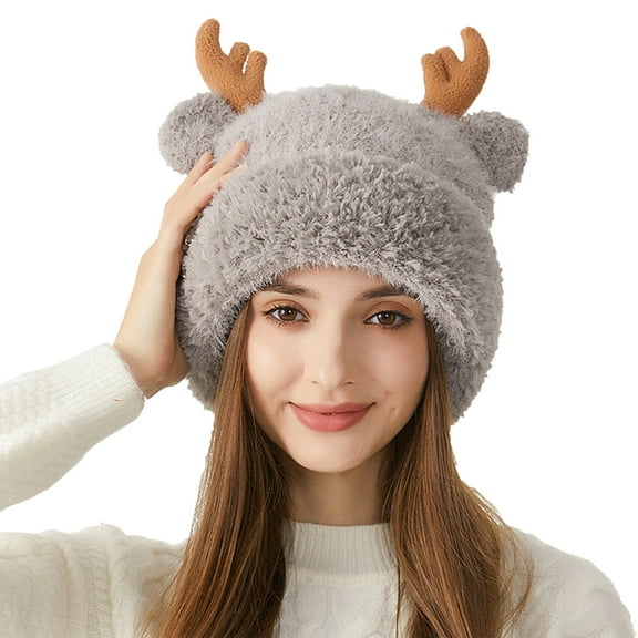ATOYSOY Women Warm Hat Cute Reindeer Antlers Knitted Winter Hats Crochet Knit Cap Christmas Santa Hats (Gray,M)