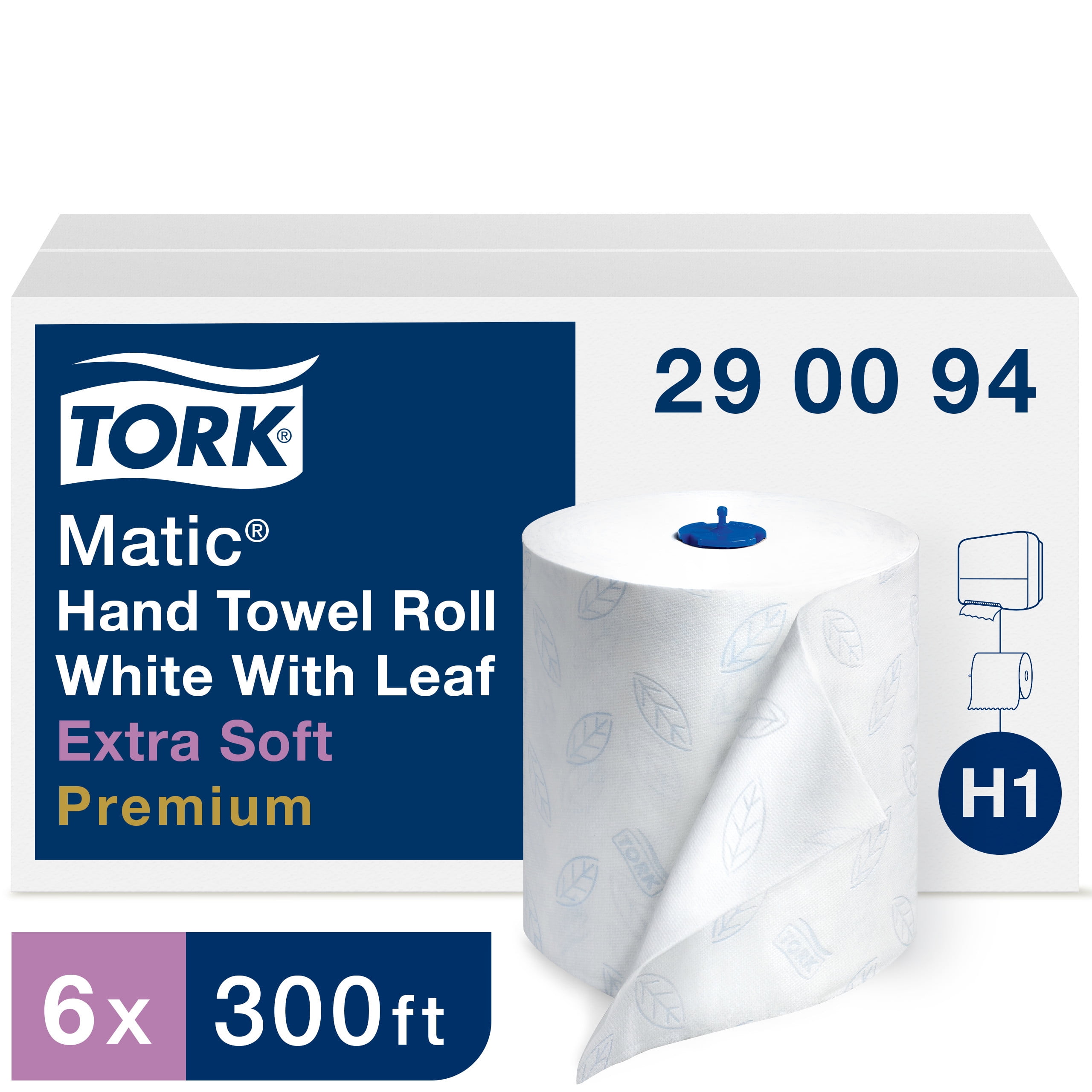 Case of 6 White W/Leaf Tork 290094 Premium Extra Soft Matic Hand Towel Roll 300 Per Roll, 