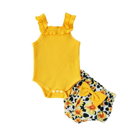 

Baby Toddler Girls Outfit Set Sleeveless Ruffles Ribbed Romper Bodysuit Leopard Watermelon Prints Shorts Outfits For 9-12 Months