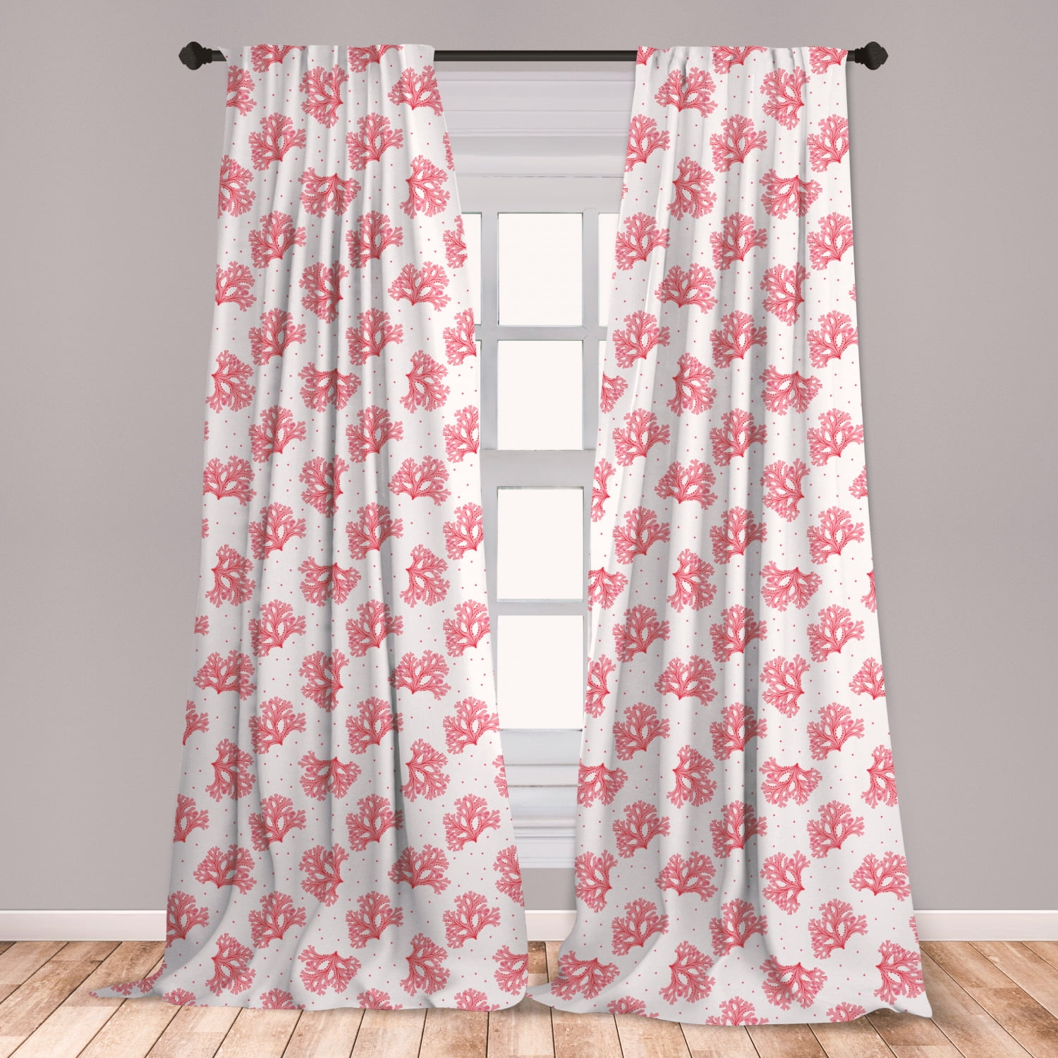 Coral Curtains 2 Panels Set, Underwater Theme Seaweeds and Dots Algae Tropical Ocean Life