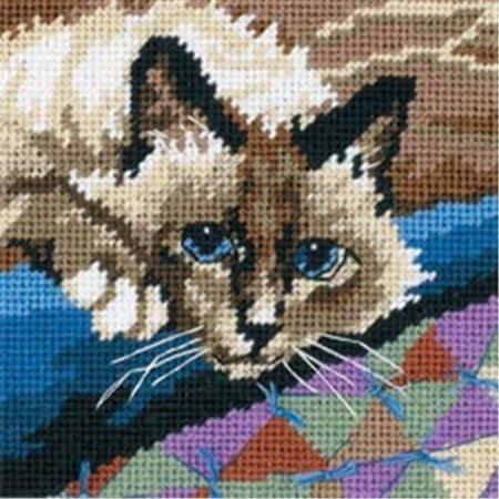 Cat Needlepoint - 390827 Cuddly Cat Mini Needlepoint Kit-5 in. x 5 in. Stitched In Floss