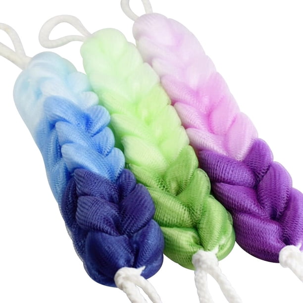 3 esponjas exfoliantes de baño, esponja de ducha, esponja elástica de malla, correa de mano, tira de baño multifunción de doble cara (morado degradado, verde degradado, azul degradado).