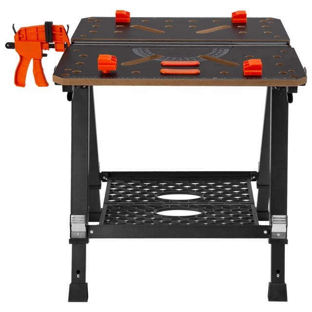 KFFKFF Multi-purpose Workstation, Transforms from Sawhorse to Workbench, Can Hold Up to 1000 lbs, Offers 7 Adjustable Heights, Constructed from Robust Steel, Space-Saving Foldable Design