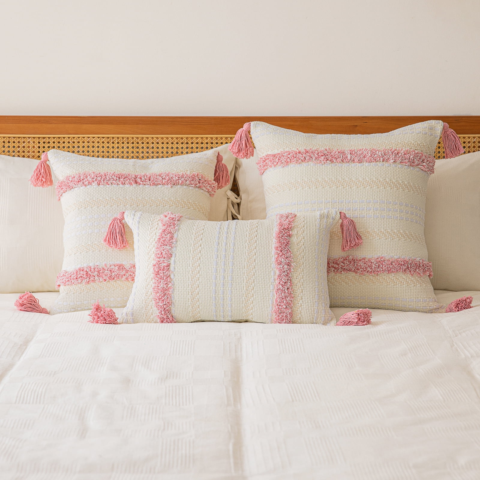 Skodaer 2 Pack Boho Decorative Throw Pillow Covers Tufted Woven with Tassel Series Pillow Case,12x20,Pink