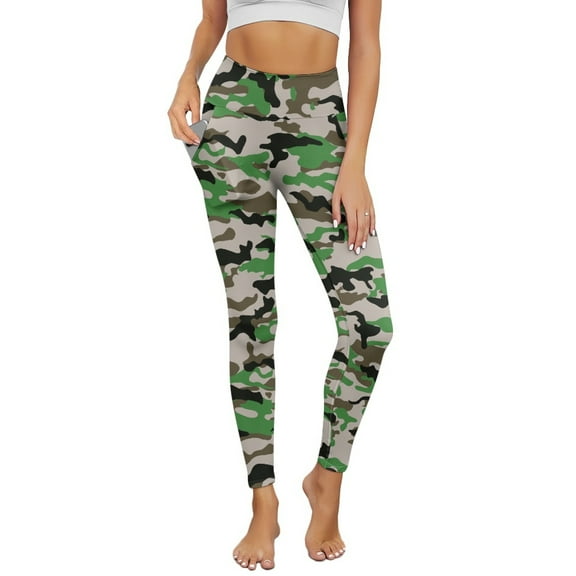 COEQINE Women Tummy Control Yoga Pants with Pockets High Waisted 4-Way Stretch Breathable Athletic Leggings Green Gray Camouflage Casual Hip Lift No See Through Tights, XS