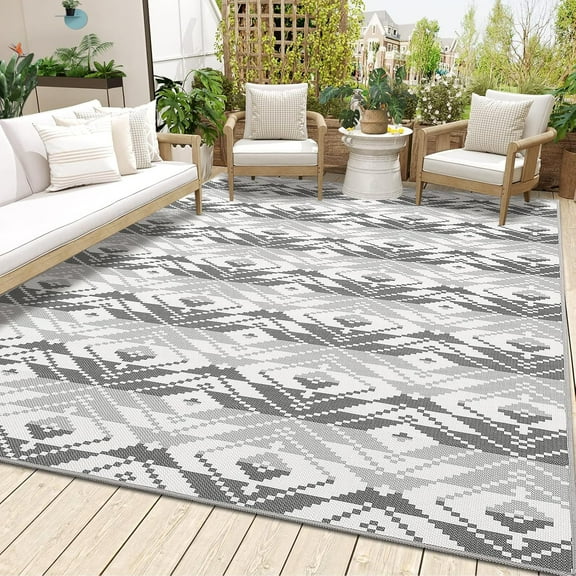 5x8 Indoor Outdoor Rug, Non-Slip Washable Area Rug, Vintage Morocca n Geometric Pattern, Easy Clean Low Pile Carpet for Patio, Living Room, Kitchen, Porch, Backyard (Black and White)