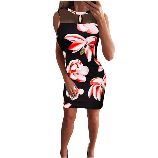 Pompotops Women Sexy Round Neck Floral Print Sleeveless Tank Mesh Patchwork Dress