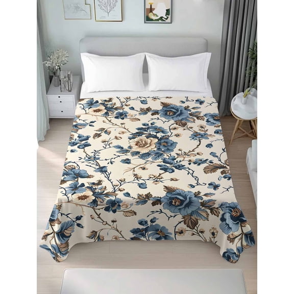 Blue Spring Floral Queen Size Flat Sheet, Wrinkleproof & Fadeproof Cooling Flat Bed Sheet Only, Vintage Botanical Farmhouse Breathable Soft Bedding Top Sheets 90 x 102 Inches
