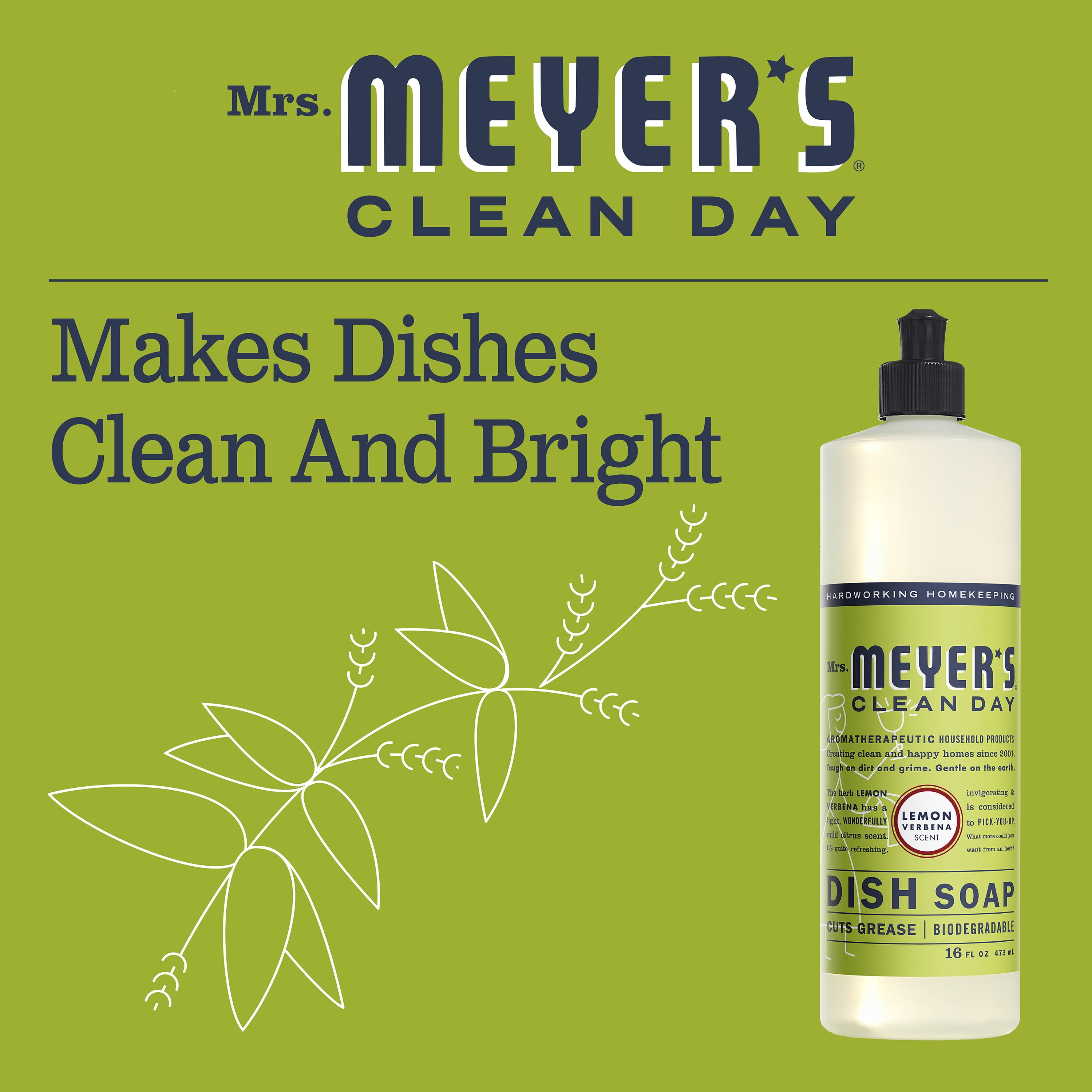 Mrs. Meyer's Clean Day Liquid Dish Soap, Lemon Verbena Scent, 16 Fluid Ounce, 6 Count
