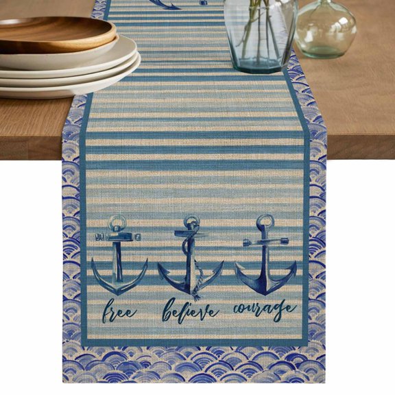 Nautical Archor Table Runner 48 Inches, Vintage Country Ocean Archor Blue Stripes Bed Runner Dresser Scarves Tabletop for Indoor Outdoor Parties/Ceremony/Banquet, 13" x 48"