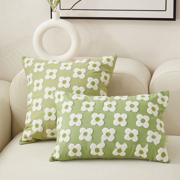 Funda de almohada con bordados florales para sofá y sala de estar | Funda de cojín de lino decorativa | Verde | 17,7 x 17,7 pulgadas o 13,8 x 19,7 pulgadas | Cremallera invisible | Pieza única