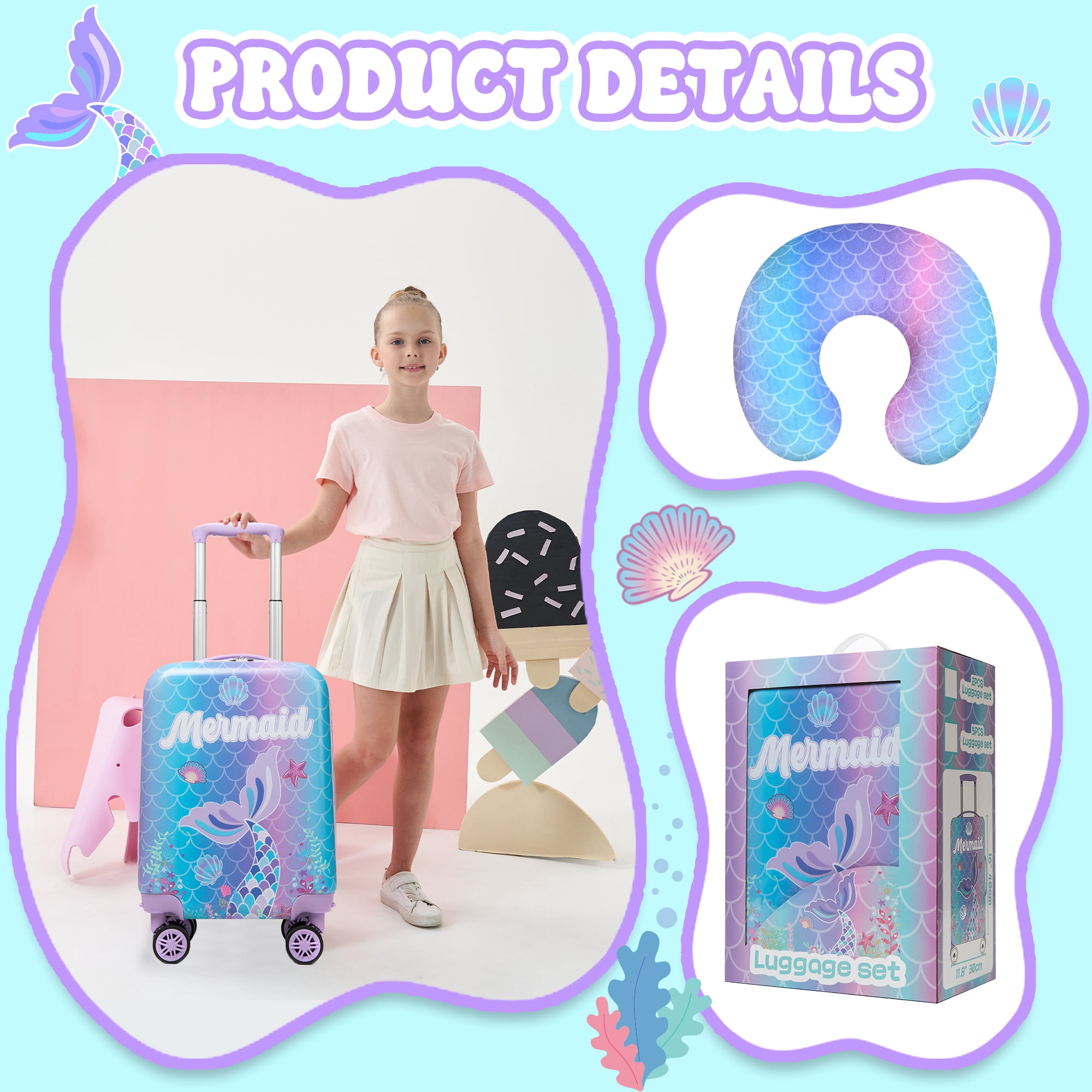 Kids Carry on Luggage Sets for Girls with Wheels Rolling Suitcases for Toddlers with Duffle Bag 16 Inch Mermaid