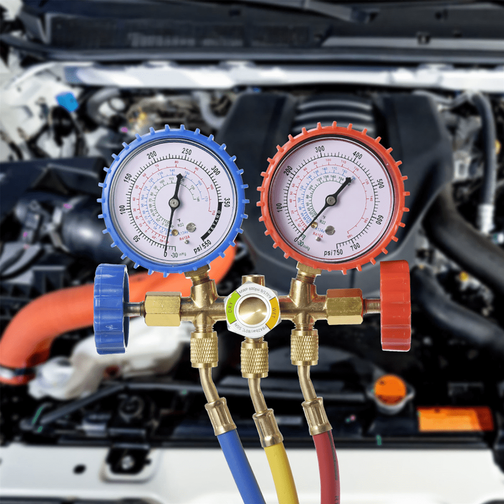 Air Conditioning Gauges, R134A Manifold Gauge Set with 3FT Hose, Freon Charge Kit with Three-Color Hose, Adapter, Storage Box, Refrigeration Service Components
