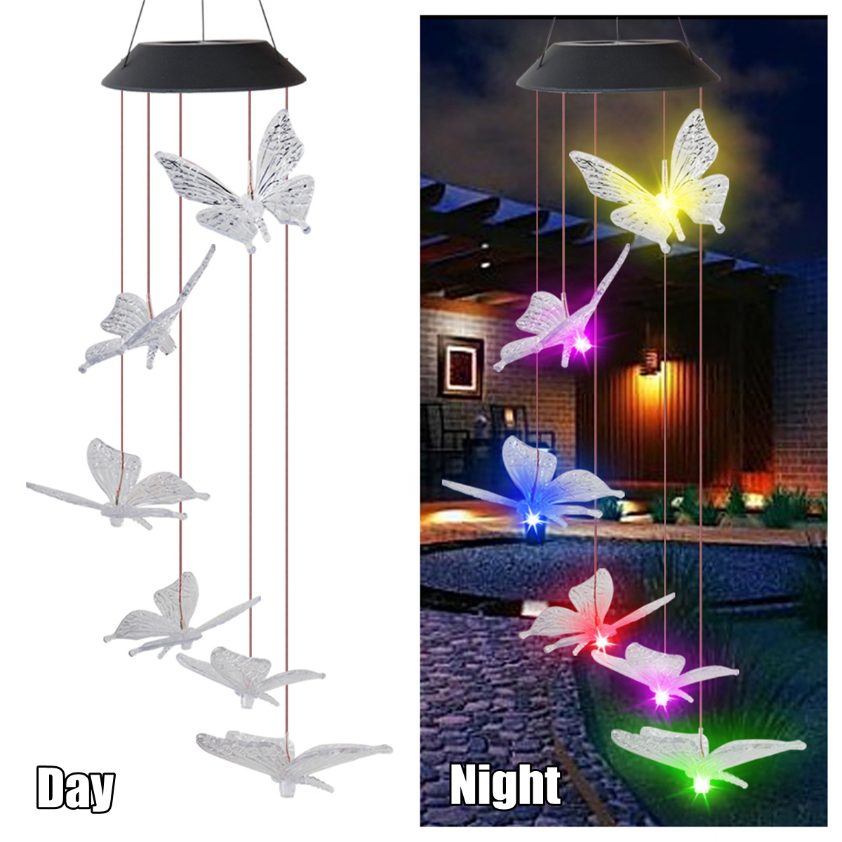Solar Color Changing Powered Wind Chime LED Light Garden Hanging Spinner Lamp