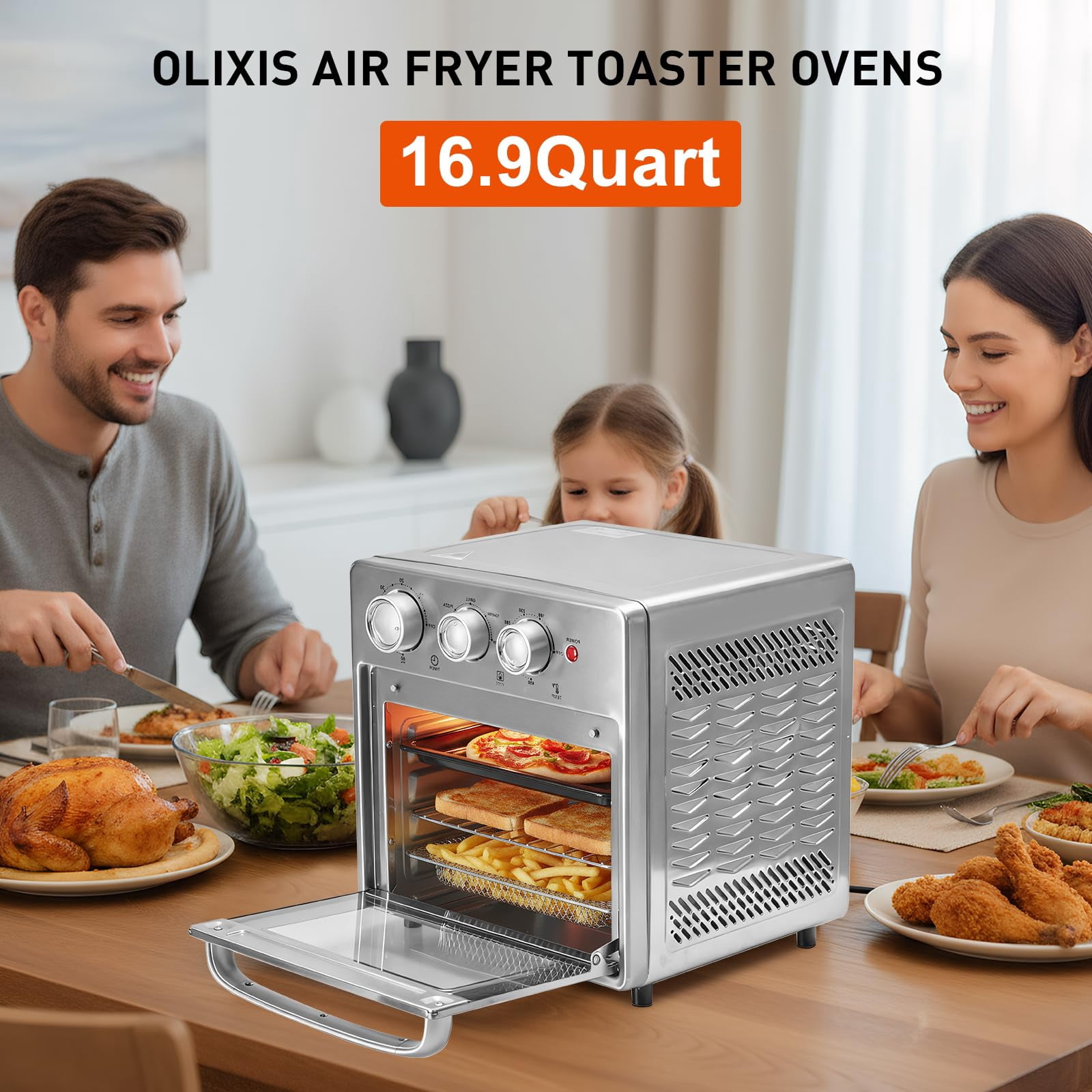 LIFERECORD 16.9QT Air Fryer Toaster Oven Combo, 5-in-1 Countertop Convection Oven with 60-Min Timer, 4 Accessories, Stainless Steel, Up to 450°F for Baking, Roasting & Air Frying