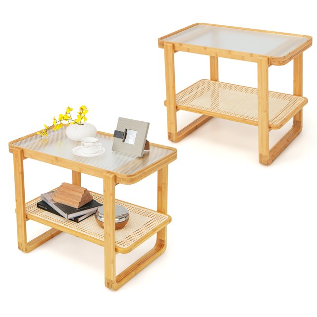 Patiojoy 2pcs 2-tier Bamboo Side Table w/ Glass Top End Table w/ PE Rattan Shelf Home Sofa Side Table w/ Storage Nightstand Bedside Table