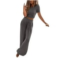thumbnail image 2 of Tbopshirt Women's 2 Piece Outfits Women's Summer Short Sleeve Crewneck Tops Long Pants Comfortable Homewear Two-piece Set Wide Leg Pants, 2 of 5