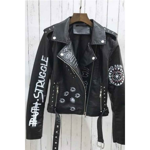 Graffiti Print Belted PU Leather Womens Biker Jacket (S, Black)