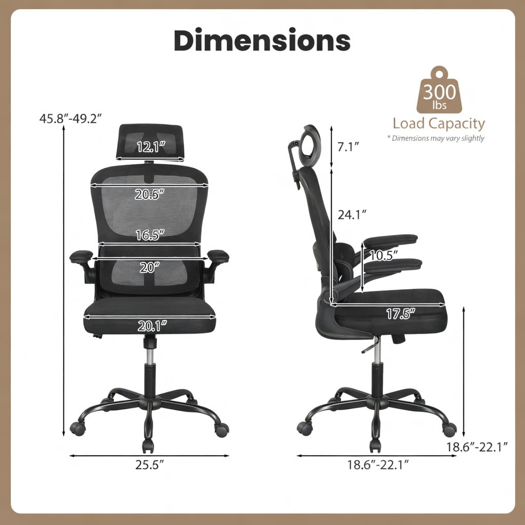Demi Bonn Mesh Office Chair with Adaptive Lumbar Support Flip-up Armrests, Reclining Backrest, Rolling Work Computer Desk Chair, Black