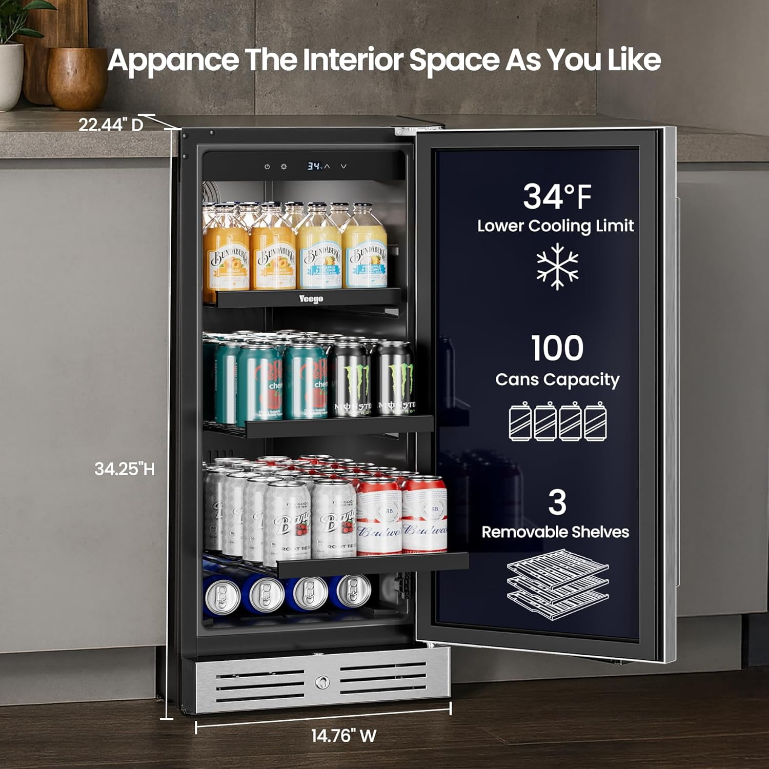 Yeego 15 Inch Beverage Refrigerator, 100 Can Beverage Cooler with Stainless Steel Door, Built-in Outdoor Refrigerator for Soda, Beer, Wine